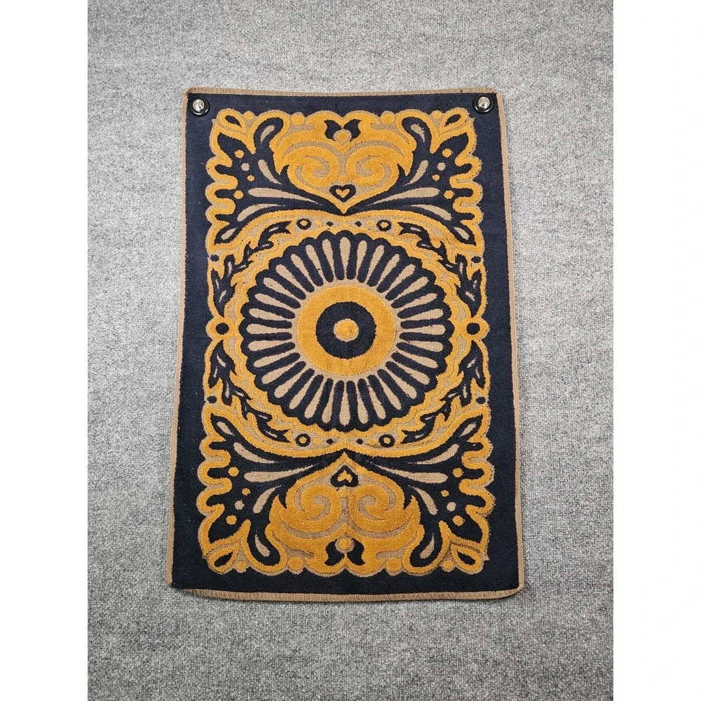 Fieldcrest Vtg MCM Hand Towel & Bath Towel Set Gold & Navy Fringe Medallion USA